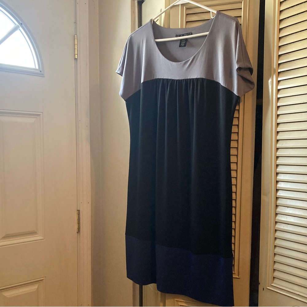 New without tags Apostrophe Gray black, and blue Stretch Dress women’s size L.